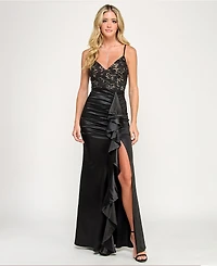 Katia Rae Juniors' V-Neck Lace-Up Gown