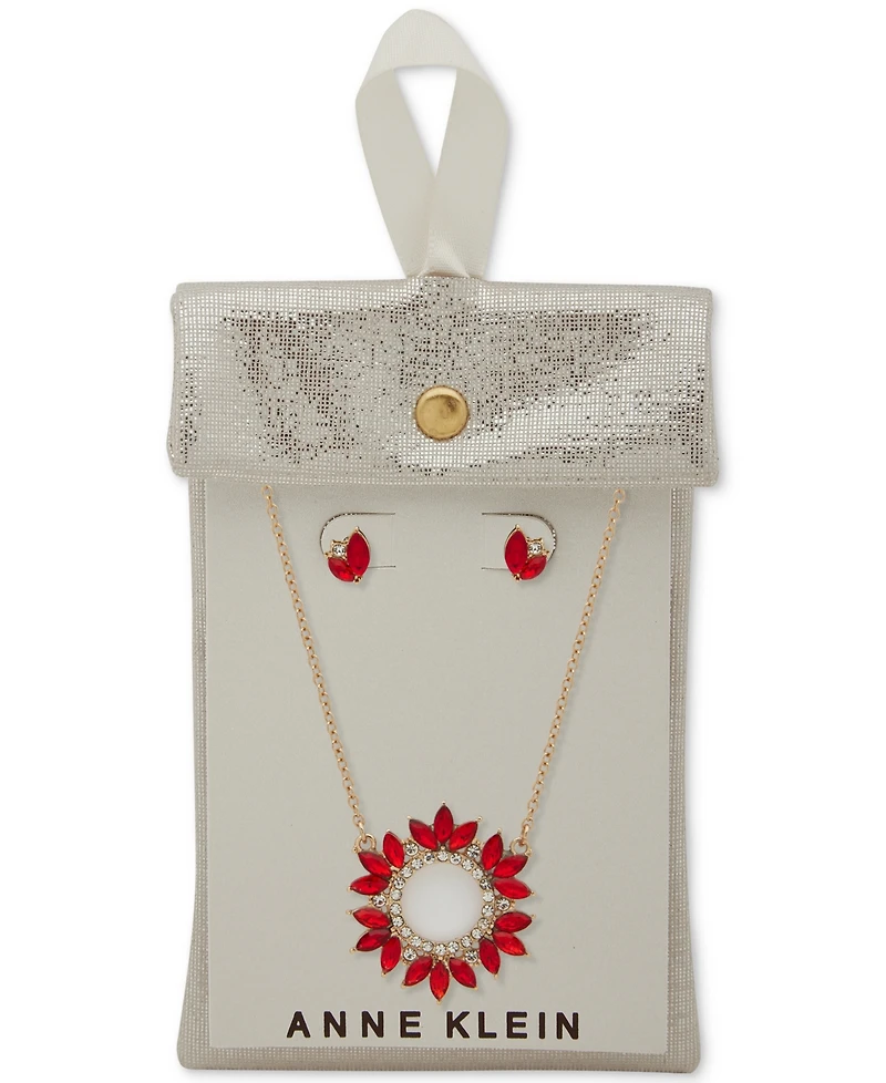 Anne Klein Silver-Tone Pave & Stone Pendant Necklace Stud Earrings Set