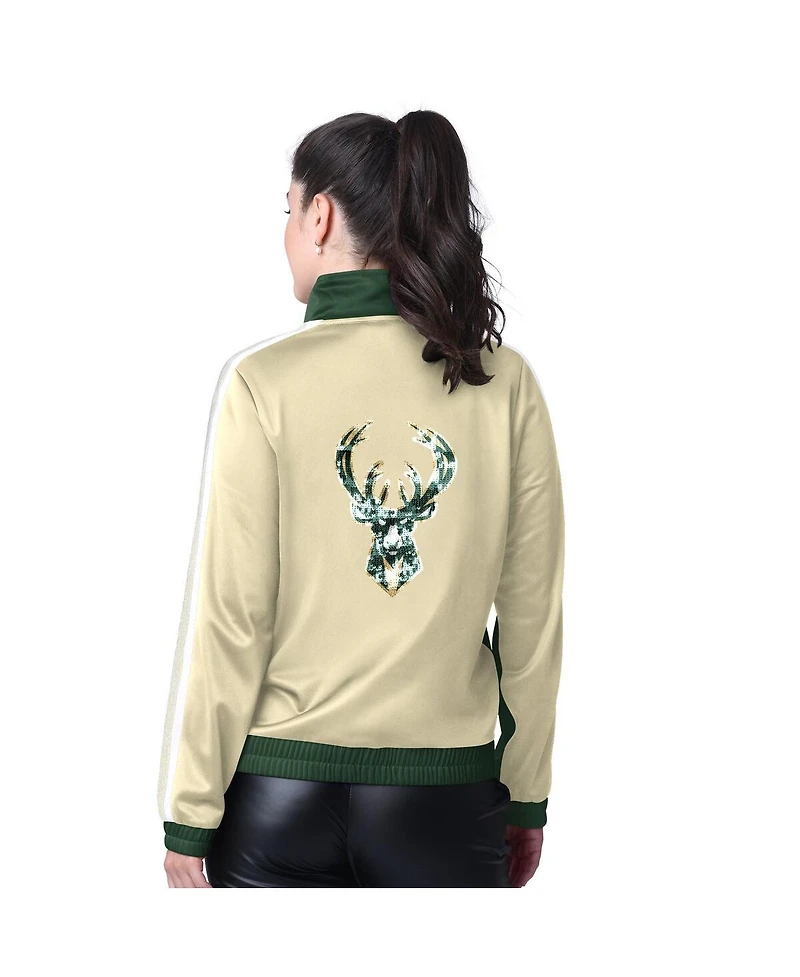G-iii 4Her by Carl Banks Women's Hunter Green/Cream Milwaukee Bucks Rebel Sequin Bling Full-Zip Track Jacket