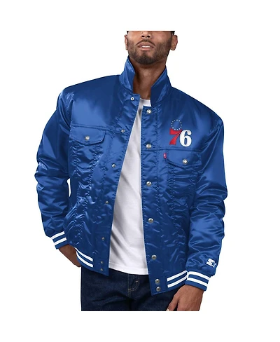 Starter x Levi's Men's Royal Philadelphia 76ers Silver Label Trucker Satin Full-Snap Jacket