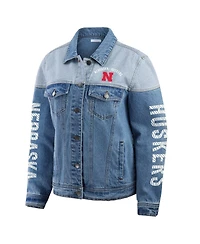 Wear by Erin Andrews Women's Denim Nebraska Huskers Sleeve Hit Color Block Button-Down Jacket