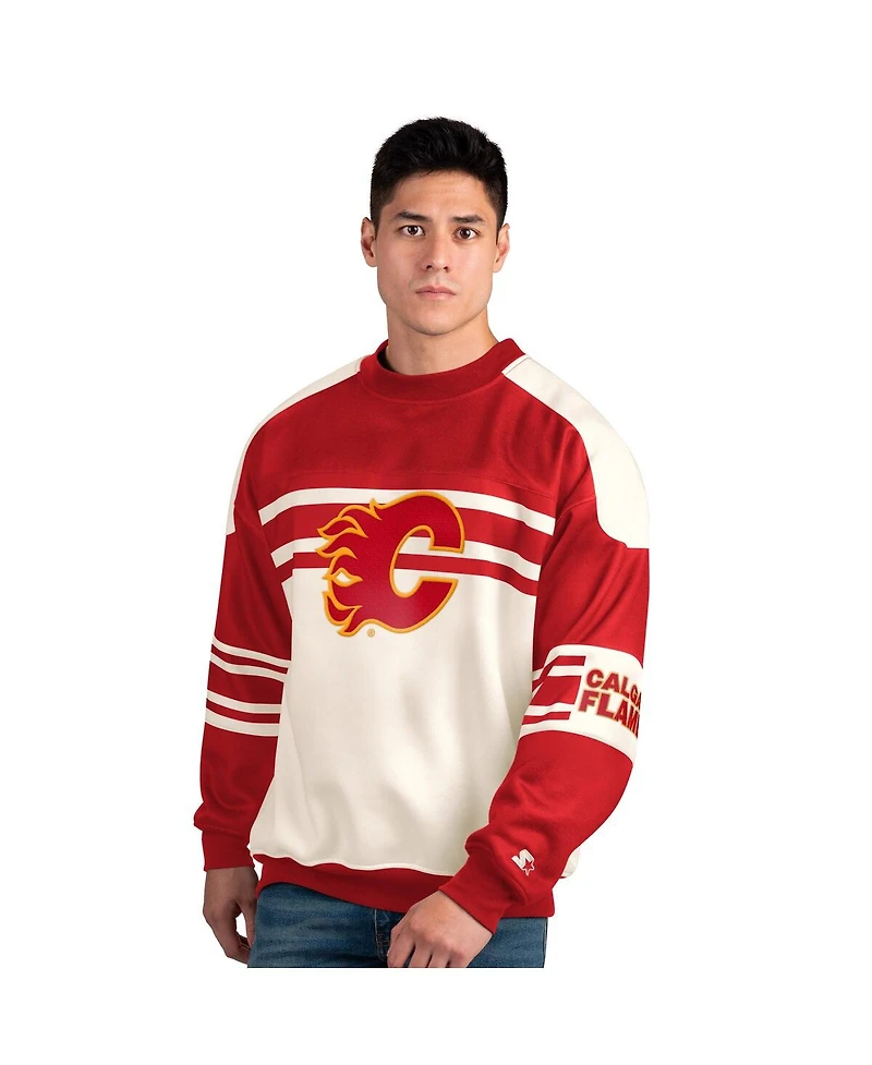 Starter Men's Cream/Red Calgary Flames Defense Fleece Crewneck Pullover Sweatshirt