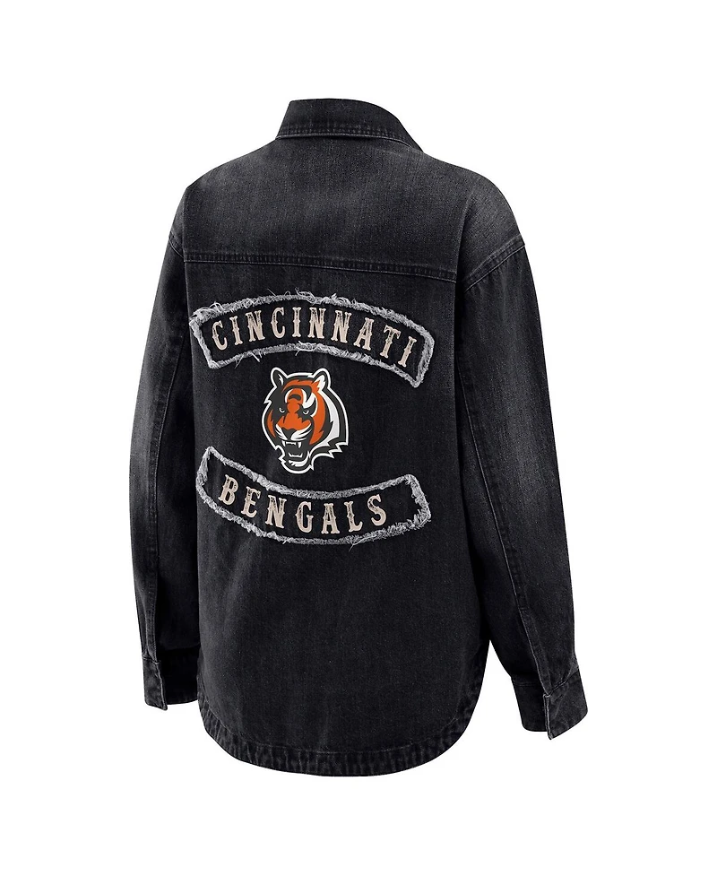 Wear by Erin Andrews Women's Black Cincinnati Bengals Washed Oversized Denim Full-Snap Shacket