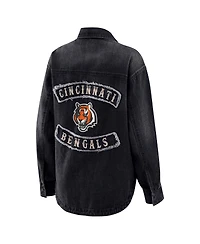 Wear by Erin Andrews Women's Black Cincinnati Bengals Washed Oversized Denim Full-Snap Shacket