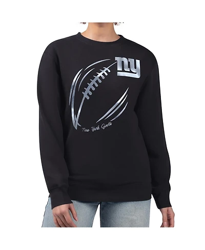 G-iii 4Her by Carl Banks Women's Black New York Giants Metallic Print Football Sketch Fleece Crewneck Sweatshirt