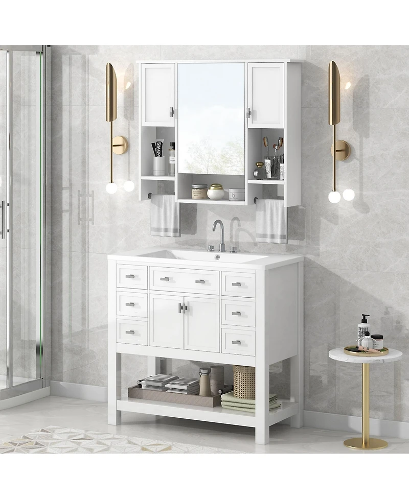 Casainc 36'' Bathroom Vanity with Top Sink, Mirror Cabinet with Towel Bar, 2 Doors & 6 Drawers