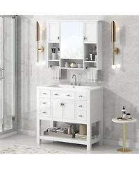 Casainc 36'' Bathroom Vanity with Top Sink, Mirror Cabinet with Towel Bar, 2 Doors & 6 Drawers