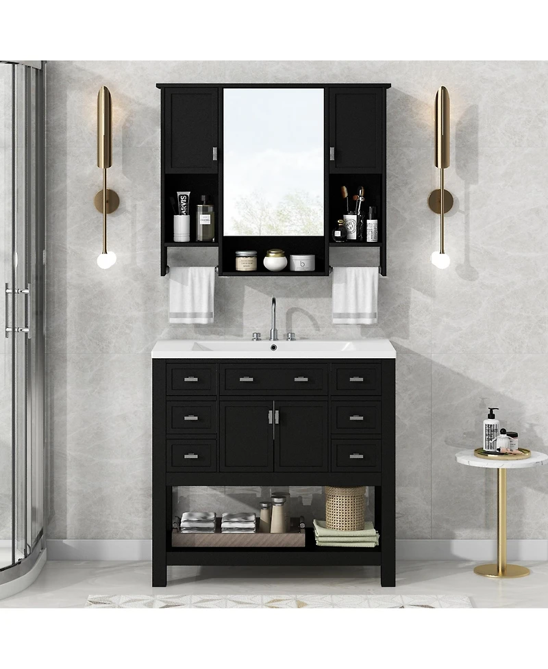 Casainc 36'' Bathroom Vanity with Top Sink, Mirror Cabinet Towel Bar, 2 Doors & 6 Drawers