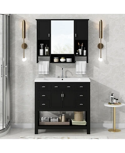 Casainc 36'' Bathroom Vanity with Top Sink, Mirror Cabinet Towel Bar, 2 Doors & 6 Drawers