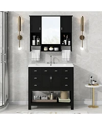 Casainc 36'' Bathroom Vanity with Top Sink, Mirror Cabinet Towel Bar, 2 Doors & 6 Drawers