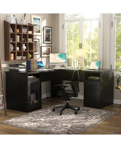 L Shaped Desk with Charging Station, Computer Workstation File Cabinet and Drawers for Office