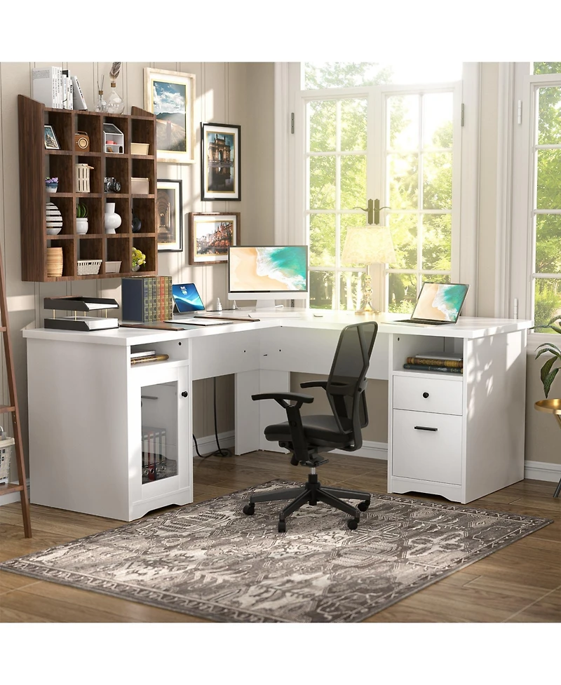 L Shaped Desk with Charging Station, Computer Workstation File Cabinet and Drawers for Office