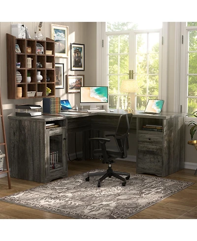 L Shaped Desk with Charging Station, Computer Workstation File Cabinet and Drawers for Office