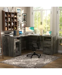 L Shaped Desk with Charging Station, Computer Workstation File Cabinet and Drawers for Office