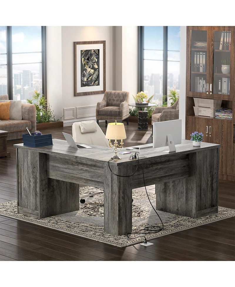 L Shaped Desk with Charging Station, Computer Workstation File Cabinet and Drawers for Office