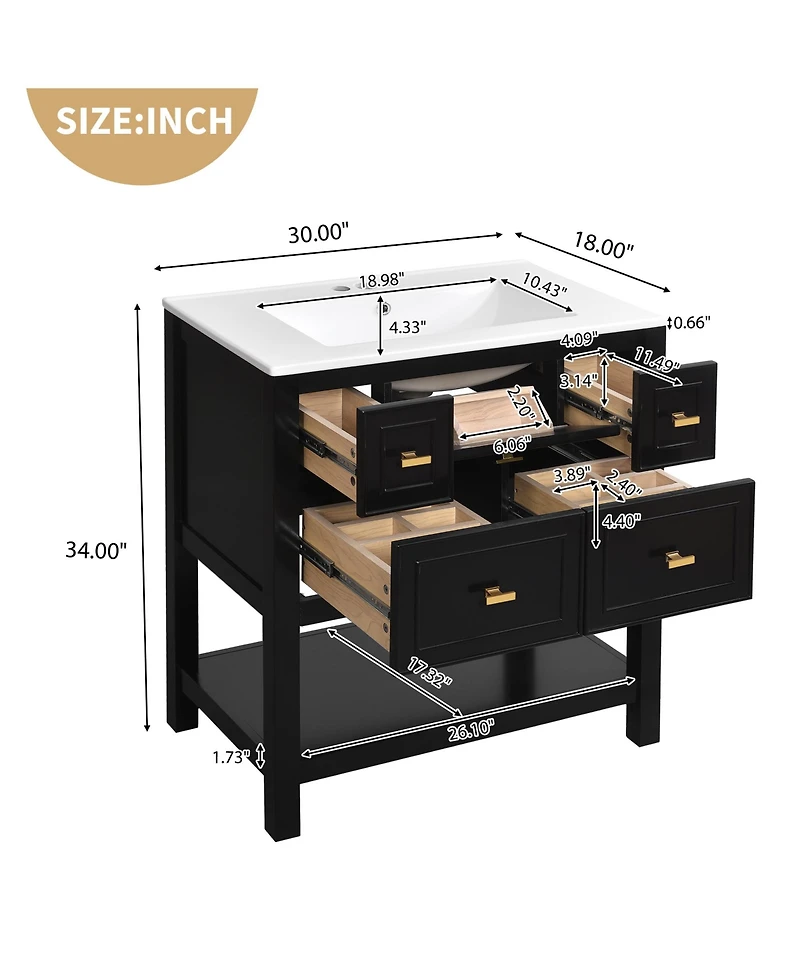 Casainc 30-Inch Bathroom Vanity with Ceramic Sink Combo, Freestanding Single Vanity, 5 Drawers & Solid Wood Storage