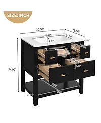 Casainc 30-Inch Bathroom Vanity with Ceramic Sink Combo, Freestanding Single Vanity, 5 Drawers & Solid Wood Storage