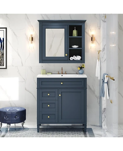 Casainc 30'' Bathroom Vanity with Top Sink, Mirror Cabinet, 2 Drawers & Tip-out Drawer