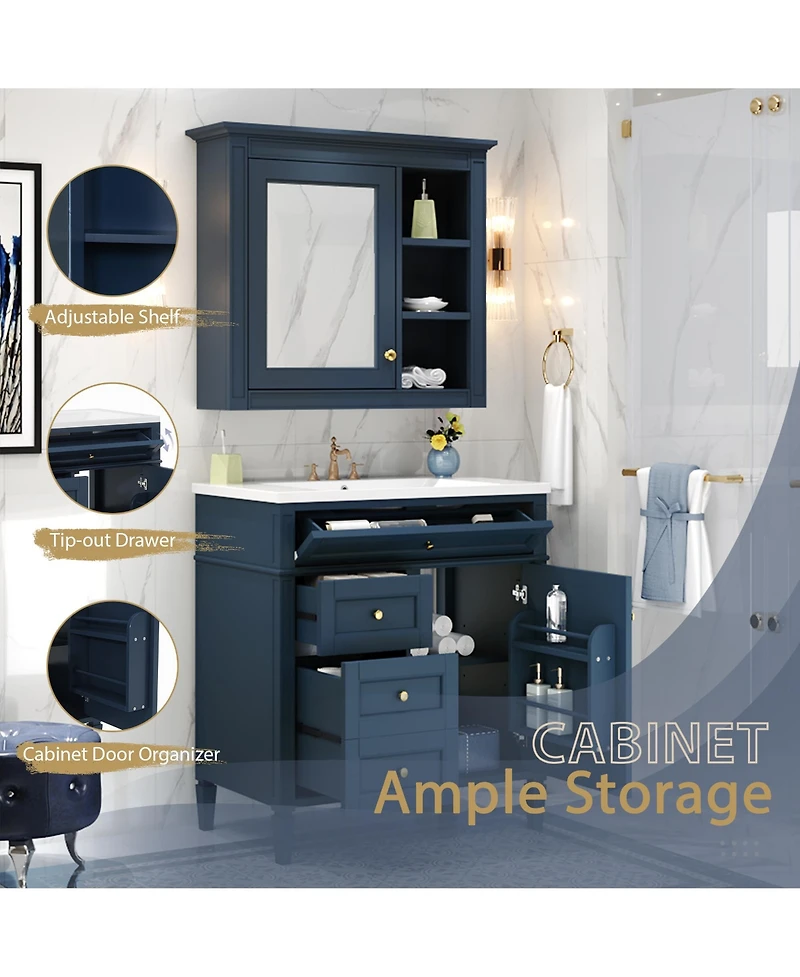 Casainc 30'' Bathroom Vanity with Top Sink, Mirror Cabinet, 2 Drawers & Tip-out Drawer