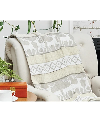Reindeer 100% Cotton Ivory Christmas Winter Throw Blanket w/ Tassels 50" x 60"