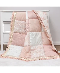 The Peanutshell 3 Piece Baby Crib Bedding Set for Girls - Cotton Fitted Crib Sheet, Layered Dust Ruffle, Comforter, Pink, Gold, Floral - Grace