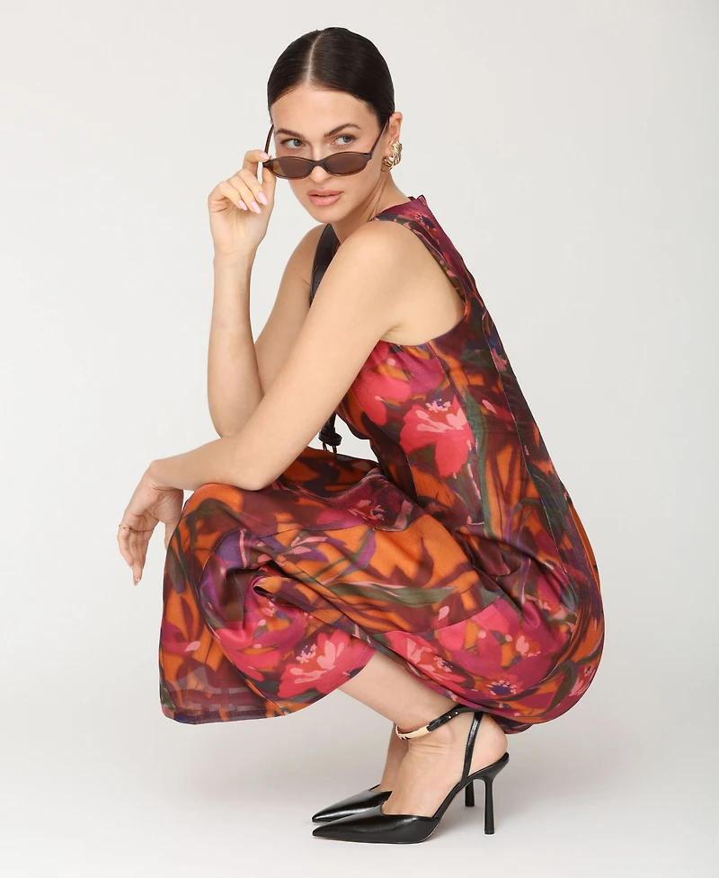 Avec Les Filles Women's Printed Scoop Neck Lantern Midi Dress