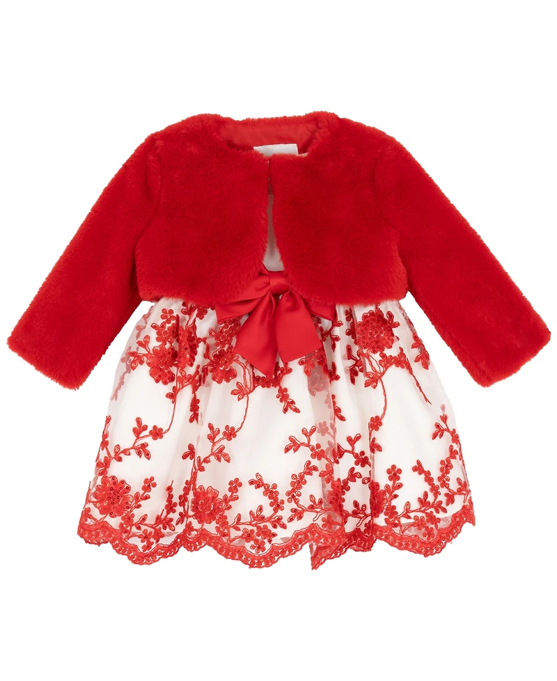 Rare Editions Baby Girls Satin Embroidered Bodice Jacket Dress