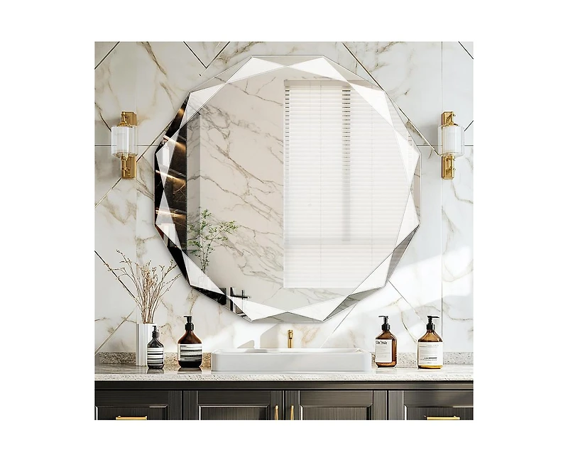 Antok Single Beveled Edge Circle Mirror Frameless Wall Mount Bathroom Vanity Mirror
