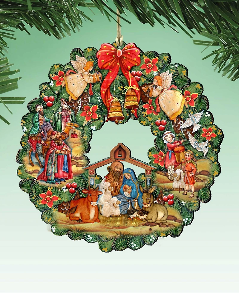 Designocracy Nativity Wreath Wooden Ornament