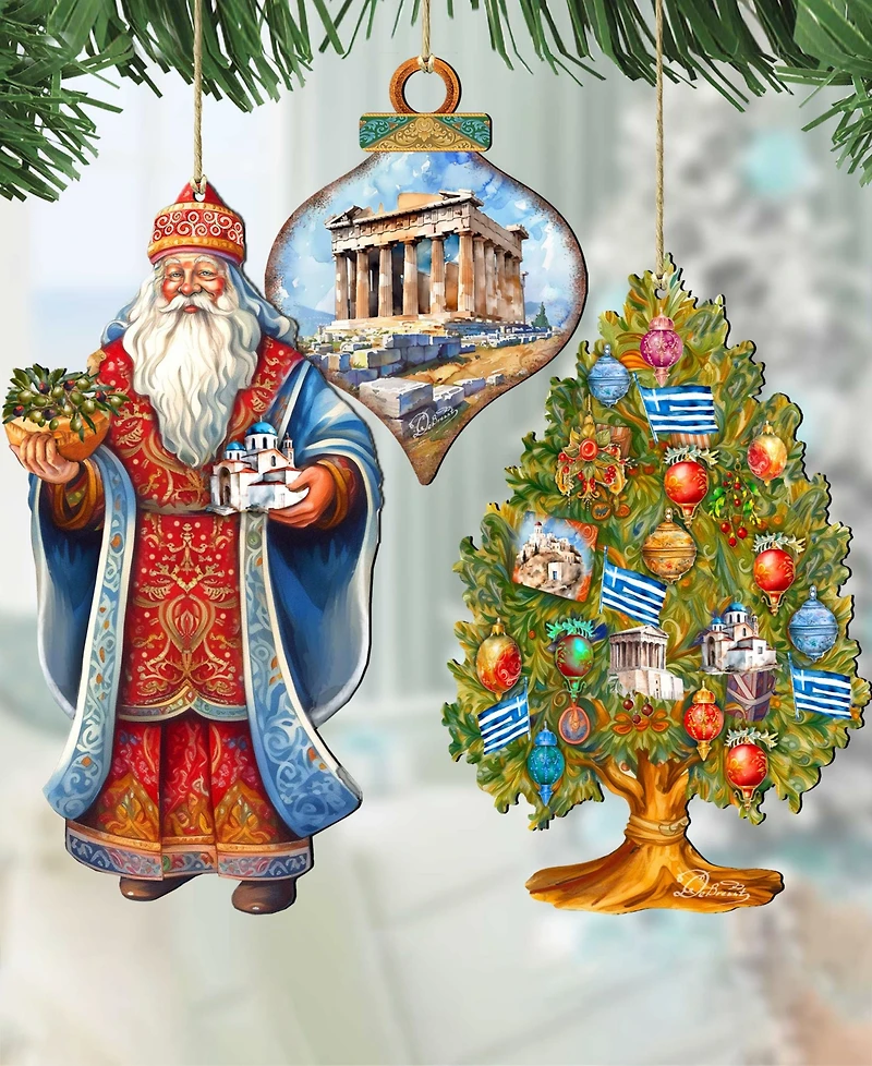 Designocracy Greece Inspired Santa Ornaments, Set of 3