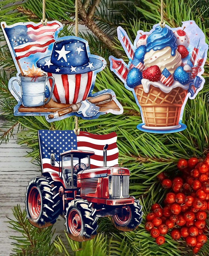 Designocracy American Farmhouse Wooden Ornaments, Set of 3