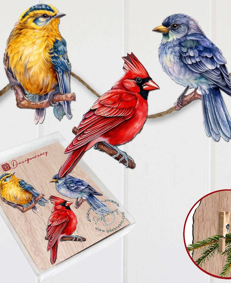 Designocracy Winter Birds Wood Clip-on Ornaments, Set 3