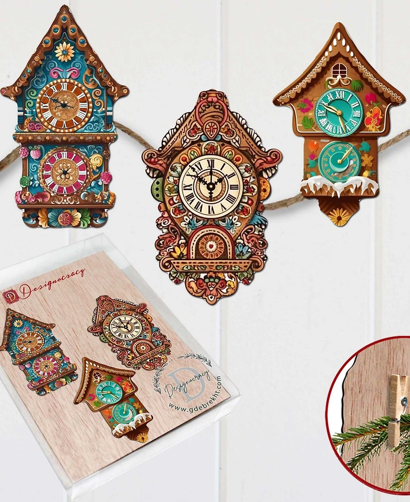 Designocracy Miniature Clock Wood Clip Ornaments, Set of 3