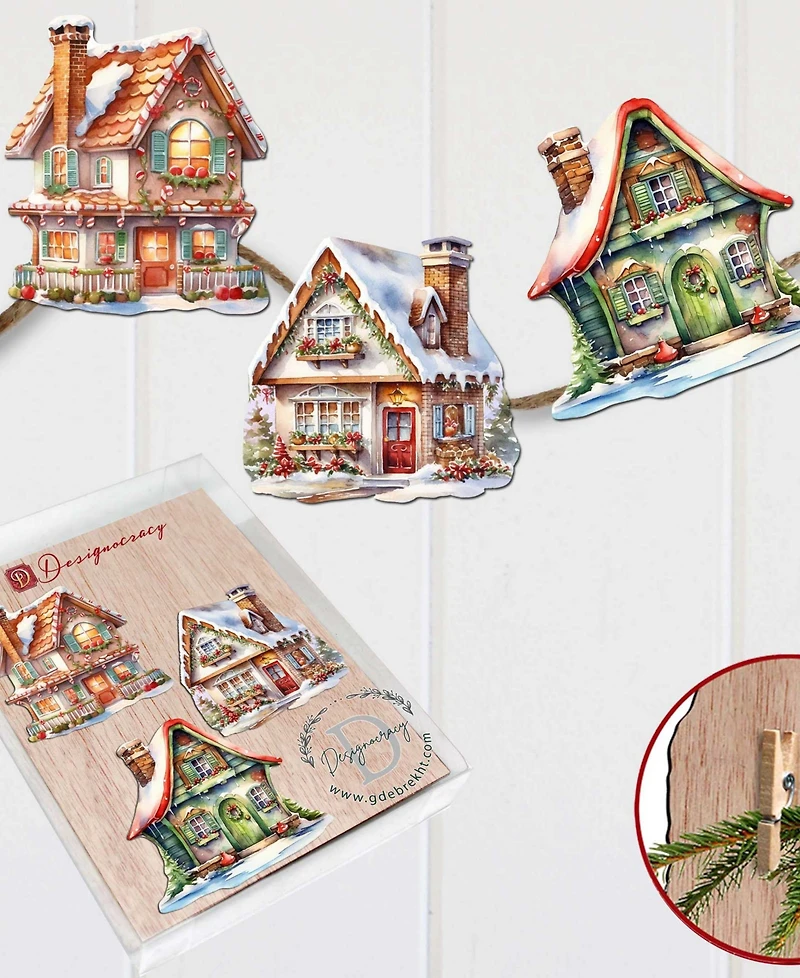 Designocracy Dream Houses Wood Clip Ornaments, Set of 3