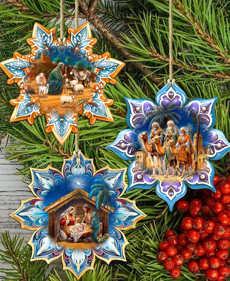 Designocracy Nativity Snowflake Wood Ornaments, Set of 3