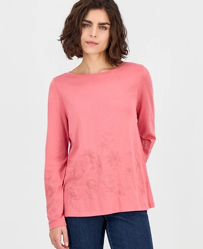 Style & Co Plus Embroidered Boat-Neck Long-Sleeve Top, Macy's Exclusive