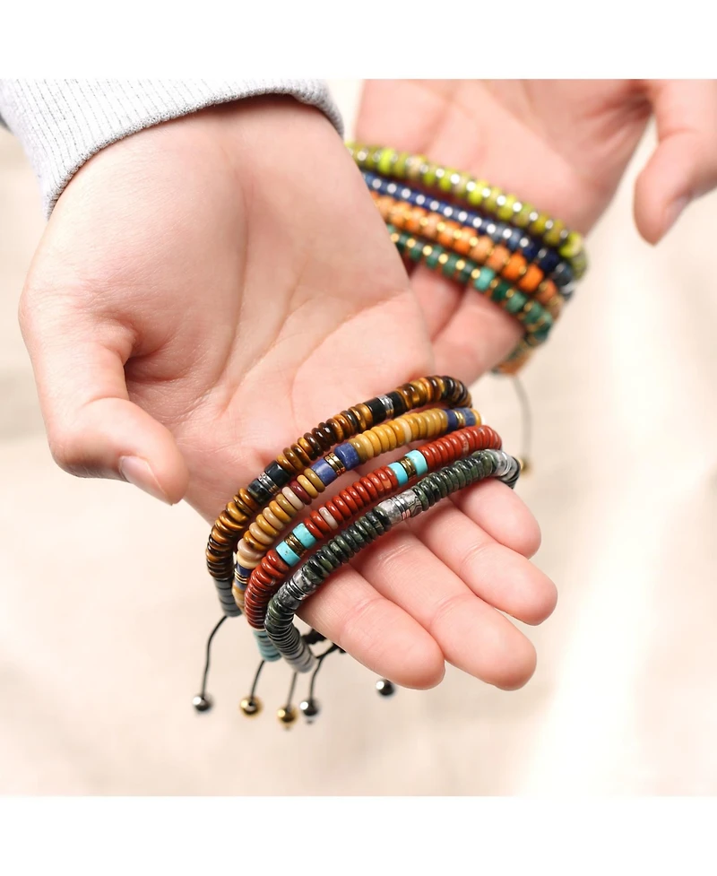 Bling Jewelry Boho Natural Stones Chakra Stacking Bolo Bracelet Gold Plated Stainless Steel Spacers Rondel Tube Beads Adjustable