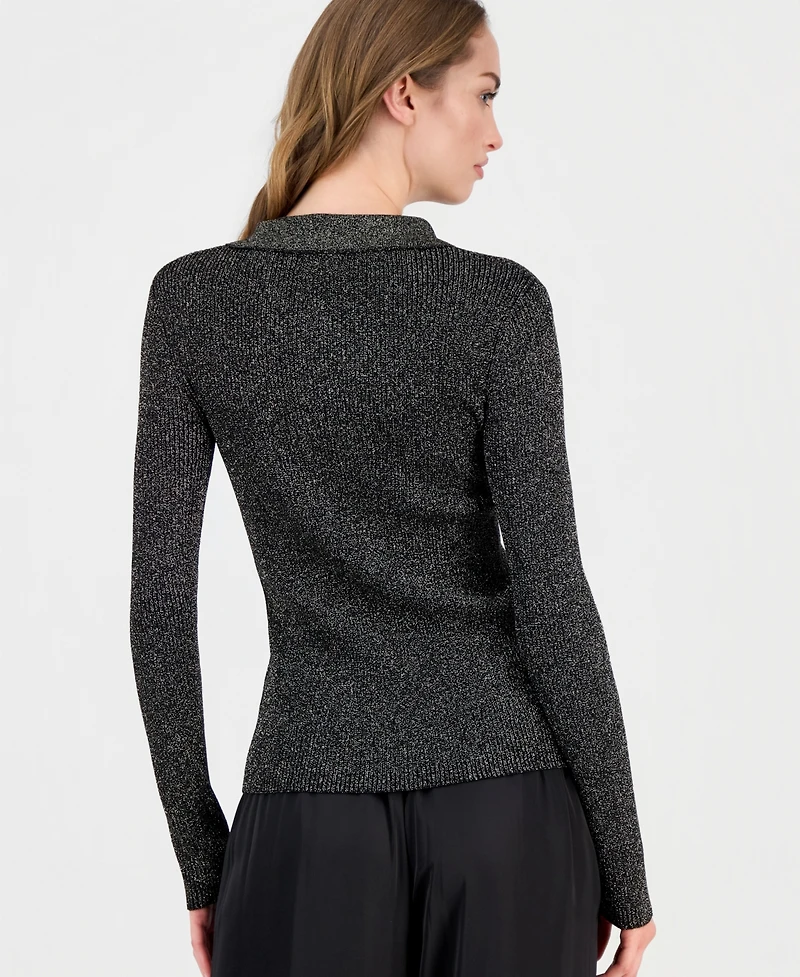 T Tahari Women's Collared Ribbed Metallic Top