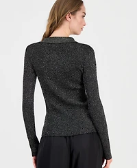 T Tahari Women's Collared Ribbed Metallic Top