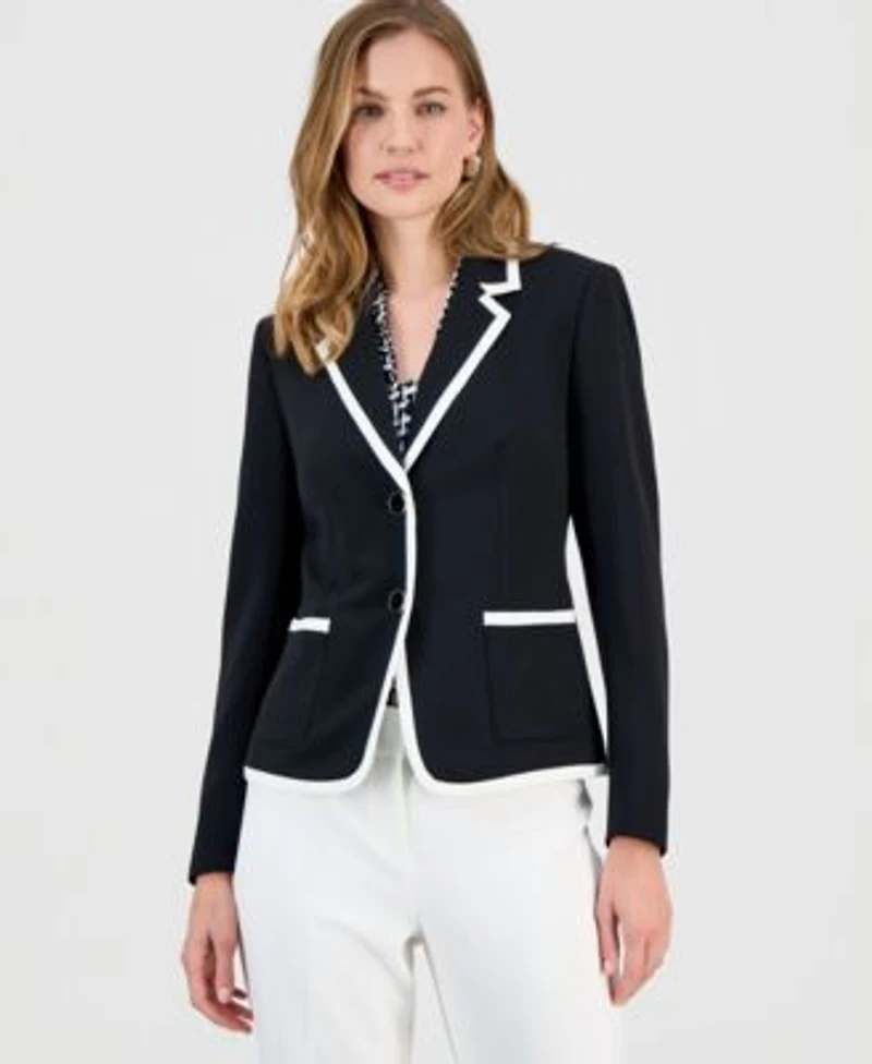 Kasper Womens Stretch Crepe Two Button Jacket Printed Knot Neck Sleeveless Top Button Tab Wide Leg Pants