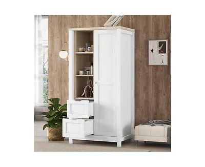 Casainc Storage Wardrobe Cabinet with Hanging Rods and 2 Drawers and Open Shelves Sliding Door