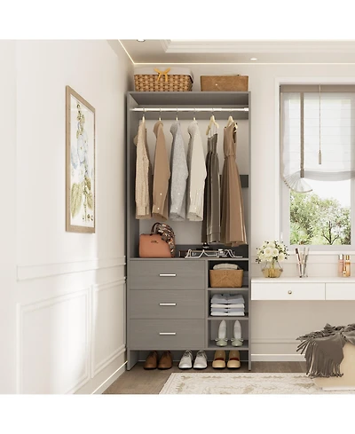 30" Freestanding Closet Organizer with Hanging Rods and Drawers, System Storage Shelves