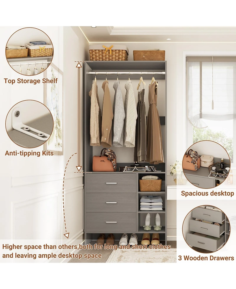 30" Freestanding Closet Organizer with Hanging Rods and Drawers, System Storage Shelves