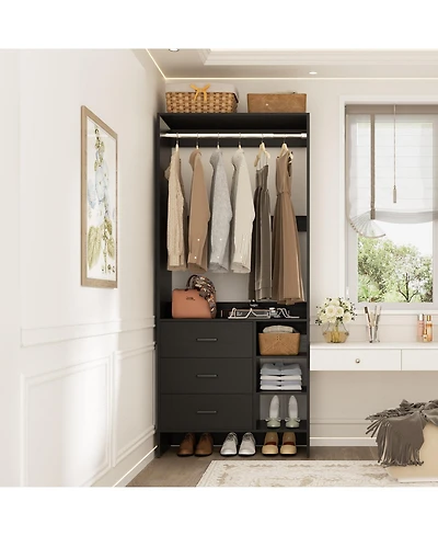 30" Freestanding Closet Organizer with Hanging Rods and Drawers, System Storage Shelves