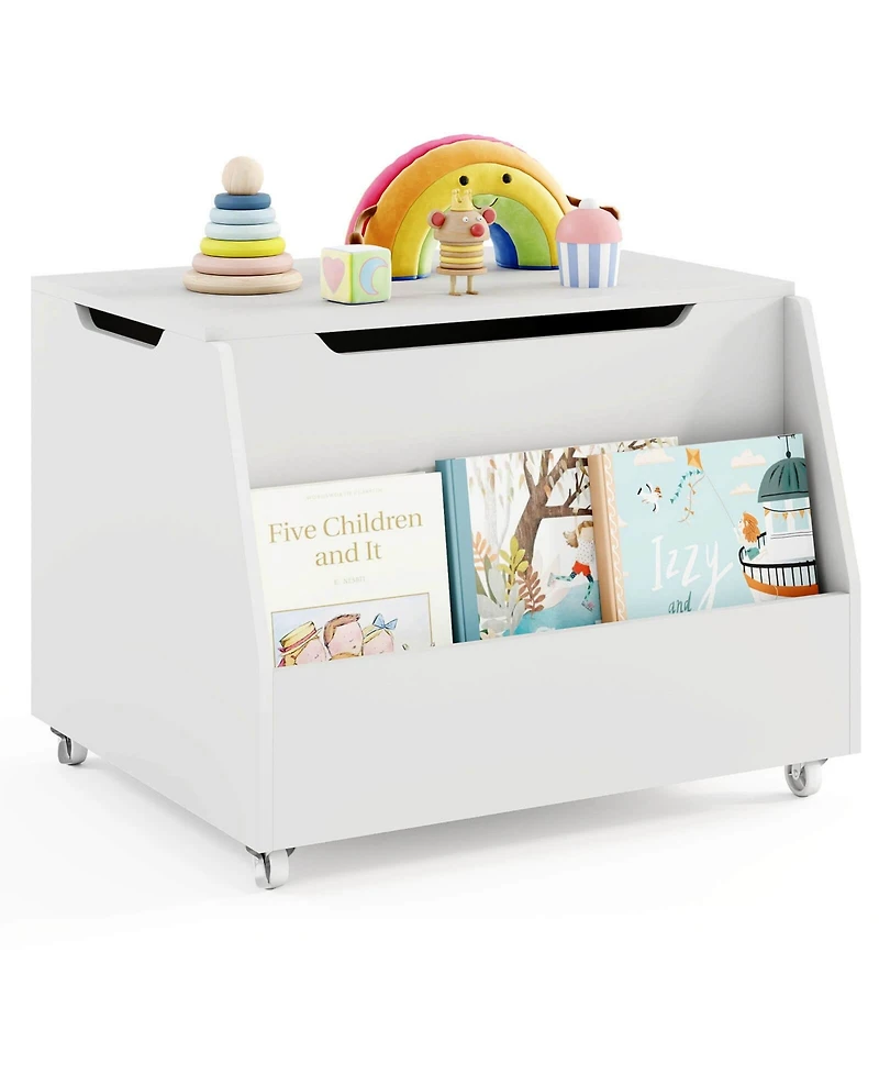 Kids Toy Box Wooden Mobile Toy Storage Organizer with Bookshelf & Lockable Wheels