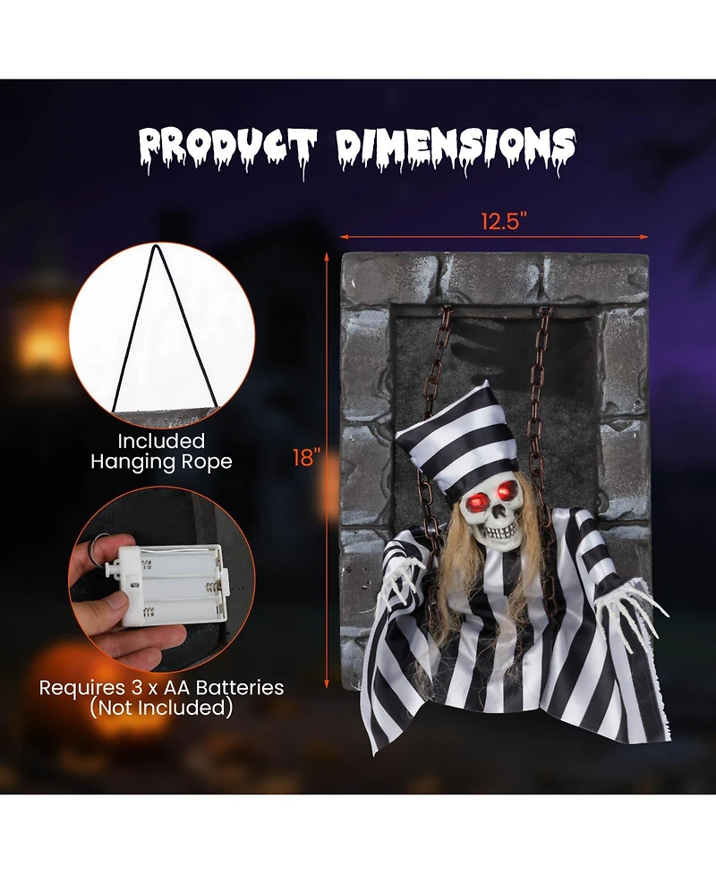 Animated Halloween Decoration 18” Hanging Skull Prisoner with Light-up Eyes