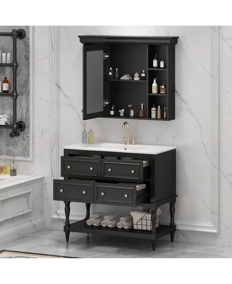 Casainc 36-Inch Bathroom Vanity with Mirror Cabinet, Adjustable Shelves, 4 Drawers & Solid Wood Storage Cabinet
