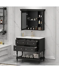 Casainc 36-Inch Bathroom Vanity with Mirror Cabinet, Adjustable Shelves, 4 Drawers & Solid Wood Storage Cabinet