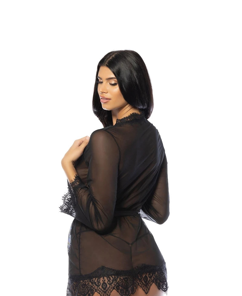 Oh La Cheri Women's Eyelash Lace Robe & G-String 2pc Lingerie Set