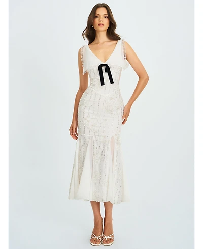 Miss Circle Women Paola White Peter Pan Collar Beaded Sequin Mermaid Midi Dress